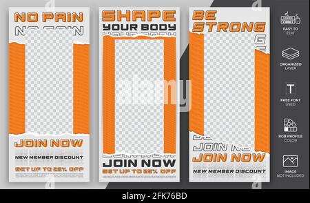 Ensemble de conception vectorielle de modèle d'histoire de médias sociaux modernes. Le modèle de médias sociaux Gym peut être utilisé pour la promotion et le marketing. Illustration de Vecteur