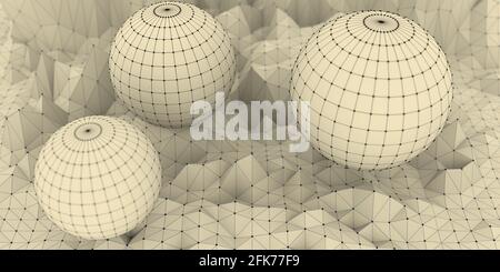 Faible paysage de montagnes poly. illustration 3d. Arrière-plan en mosaïque polygonale avec des sphères couvertes par une grille Banque D'Images