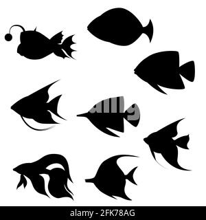 un ensemble de silhouettes de poissons de mer. Vecteur isolé sur fond blanc Illustration de Vecteur