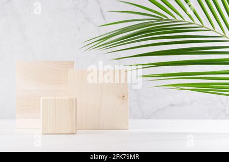 Style naturel pour l'exposition de produits cosmétiques - podiums carrés en bois avec feuilles de palmier vertes, ombre sur table en bois blanc et mur en marbre gris. Banque D'Images