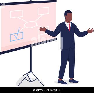 Homme afro-américain instruisant à proximité de l'écran du projecteur plat couleur caractère Illustration de Vecteur