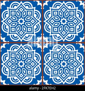 Carreaux de mandala marocain motif vectoriel sans couture blanc sur fond bleu, papier peint décoratif géométrique, décoration textile ou tissu Illustration de Vecteur