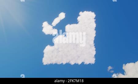 rendu 3d de nuages blancs moelleux en forme de symbole d'escaliers avec flèche vers le bas sur ciel bleu avec soleil rayons Banque D'Images