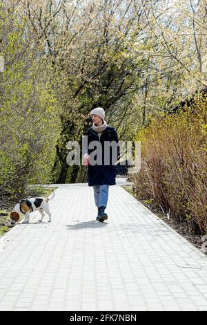 Femme adulte de taille moyenne marchant avec un beagle dans le parc public. Banque D'Images