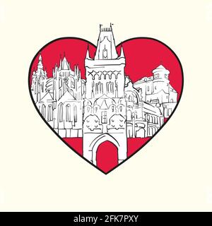 J'aime Prague. Cœur rouge et bâtiments célèbres, République tchèque composition. Illustration vectorielle noire et blanche dessinée à la main. Objets groupés et mobiles Illustration de Vecteur