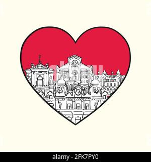 J'aime Monaco. Cœur rouge et bâtiments célèbres, Monaco composition. Illustration vectorielle noire et blanche dessinée à la main. Objets groupés et mobiles. Illustration de Vecteur