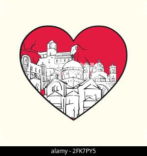 J'aime Podgorica. Cœur rouge et bâtiments célèbres, Montenegro composition. Illustration vectorielle noire et blanche dessinée à la main. Objets groupés et mobiles. Illustration de Vecteur