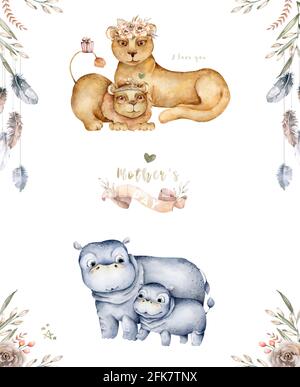 Aquarelle dessin animé mignon avec mignonne mignonne hippo et bébé, feuilles de fleurs de koala. Motif d'illustration pour mère et bébé. Maman tropicale Banque D'Images