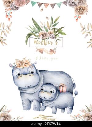 Aquarelle dessin animé mignon avec mignonne mignonne hippo et feuilles de fleur de bébé. Motif d'illustration pour mère et bébé. Maman tropicale Banque D'Images