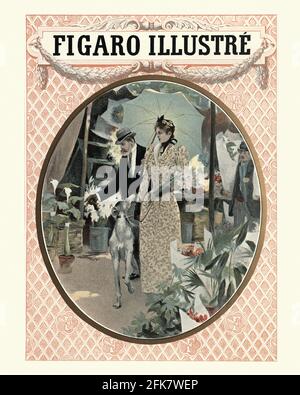 Couverture de Figaro illustrae, 1890 ans, couple français habillé avec intelligence marchant sur le marché avec leur chien, 19e siècle Banque D'Images