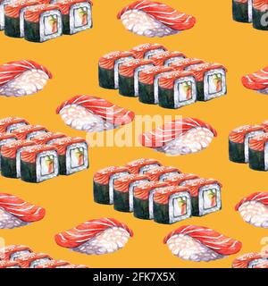 Ensemble de sushi et de petits pains à motifs japonais sans couture, illustration aquarelle. Sushi de fond. Pour un menu de restaurant à sushi design, des cartes, des imprimés, de la déco Banque D'Images