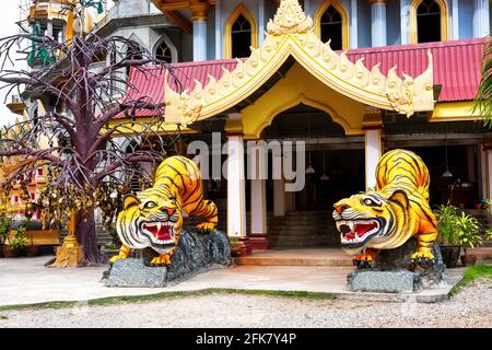 Statues de tigres à l'entrée de la pagode bouddhiste Tham Suea près du temple de la grotte du tigre à Krabi, en Thaïlande. Chedi au Temple Tiger Cave, Krabi, au sud de Banque D'Images