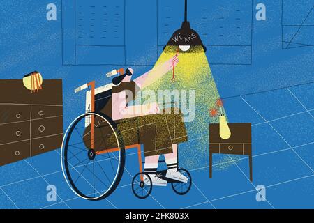 Femme adulte handicapée personne en fauteuil roulant à la recherche de la visibilité et des droits des personnes handicapées. Banque D'Images