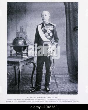 Maréchal Garnet Joseph Wolseley, 1er vicomte Wolseley, PK, GCB, OM, GCMG, VD, PC (4 juin 1833 – 25 mars 1913) était un officier anglo-irlandais de l'armée britannique. Il est devenu l'un des généraux britanniques les plus influents et les plus admirés après une série de succès au Canada, en Afrique de l'Ouest et en Égypte, suivi d'un rôle central dans la modernisation de l'Armée britannique dans la promotion de l'efficacité. Il a servi en Birmanie, dans la guerre de Crimée, dans la mutinerie indienne, en Chine, au Canada et dans toute l'Afrique, y compris sa campagne Ashanti (1873–1874) et l'expédition du Nil contre le Soudan Mahdiste en 1884–85. Wolseley a servi comme Co Banque D'Images