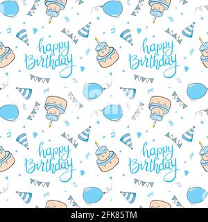 joyeux anniversaire garçon sans couture motif avec cadeaux, ballons, confetti. Illustration vectorielle Illustration de Vecteur