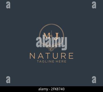 Lettres MJ cadres floraux. Décoration unique en monoline préfaite, modifiable et féminine, pour une carte de vœux, une invitation à un mariage. Illustration de Vecteur