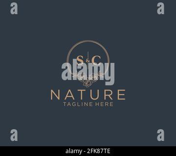 Lettres SC cadres floraux. Décoration unique en monoline préfaite, modifiable et féminine, pour une carte de vœux, une invitation à un mariage. Illustration de Vecteur