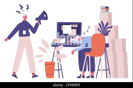 Travailleur de bureau paresseux. Un responsable mal organisé se lasse du travail de bureau de routine et de l'illustration du vecteur de boss en colère. Personnage de bureau d'homme d'affaires dormant Illustration de Vecteur