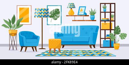 Intérieur de salon de dessin animé. Salon-appartement avec mobilier moderne, canapé, fauteuil, étagère et illustrations vectorielles de plantes. Séjour Illustration de Vecteur