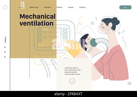 Modèle de page Web d'assurance médicale - ventilation mécanique - vecteur plat moderne concept d'illustration numérique - équipement de machine médicale de ventilateur pour Illustration de Vecteur