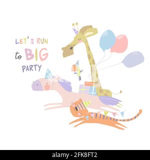 Carte d'anniversaire avec animaux mignons qui se tournent vers la fête Illustration de Vecteur