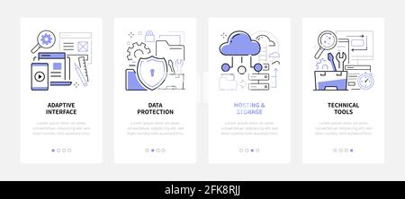 Développement Web - bannières Web style design de ligne avec espace de copie pour le texte. Interface adaptative, protection des données, hébergement et stockage, outils techniques ca Illustration de Vecteur