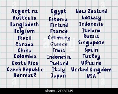 Les noms des pays du monde. Villes européennes. Lettre à la main Illustration de Vecteur