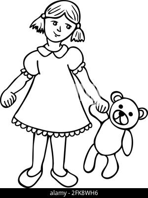 Illustration noire et blanche vectorielle de la petite fille avec un ours en peluche à la main. Fille avec un ours en peluche. Design pour livre de coloriage. Illustration de Vecteur