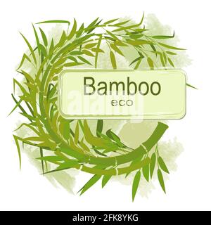 Cadre décoratif rond composé de tiges et de feuilles de bambou sur fond aquarelle. Un signe pour votre texte ou logo. Illustration vectorielle monochrome. Lette Illustration de Vecteur