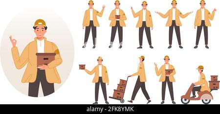 Les employés des services de messagerie ou de livraison se tenant dans des poses différentes. Jeux de caractères avec colis colis boîtes. Concept de livraison d'illustrations vectorielles Illustration de Vecteur