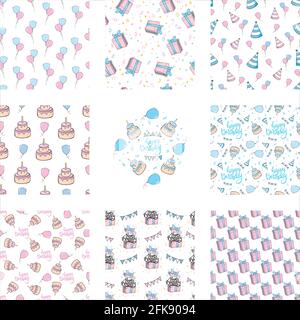 Joli motif sans coutures avec différentes friandises. Pour le motif anniversaire. Douche de bébé. Papier pour coupures. Tons rose et bleu pour filles et garçons. Illustration de Vecteur