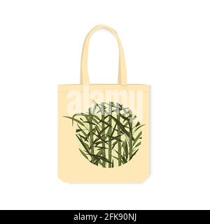 Sac réutilisable écologique avec motif imprimé. Élément décoratif rond avec forêt de bambou sur sac en toile. Illustration vectorielle isolée sur un dos blanc Illustration de Vecteur
