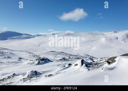 Paysage de montagne couvert de neige dans le parc national de Dovrefjell–Sunndalsfjella en hiver, en Norvège Banque D'Images