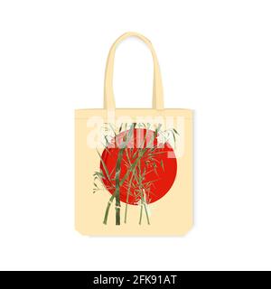 Sac réutilisable écologique avec motif imprimé. Élément décoratif aquarelle avec bambou et soleil rouge dans un sac en toile. Illustration vectorielle. Illustration de Vecteur
