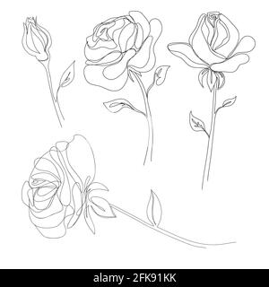 Dessin continu d'une rose sur une seule ligne. Illustration vectorielle noire et blanche d'une fleur. Logo, carte postale, bannière, affiche, concept de circulaire Illustration de Vecteur