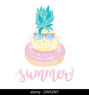 Fond vectoriel drôle avec ananas en verres, et texte écrit à la main 'Hello Summer'. Carte d'été à dessin à la main. Illustration de Vecteur