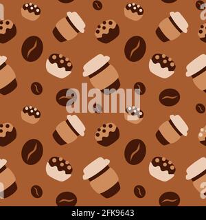 motif à emporter avec une tasse de café à emporter, petits gâteaux et grains de café dessinés à la main, illustration vectorielle simple Illustration de Vecteur