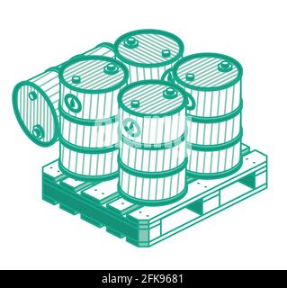 Vue isométrique fûts d'huile sur palette en bois. Illustration vectorielle. Objets isolés. Illustration de Vecteur