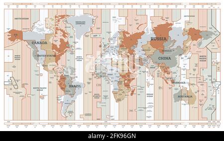 Carte des fuseaux horaires. Carte détaillée du monde avec noms de pays. Illustration vectorielle. Illustration de Vecteur