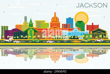 Jackson Mississippi City Skyline avec les bâtiments couleur, ciel bleu et réflexions. Illustration vectorielle. Illustration de Vecteur