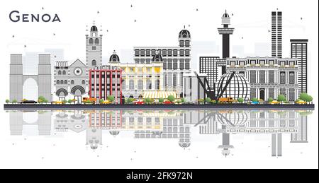 Genoa Italie Skyline avec des bâtiments de couleur et des réflexions isolées sur blanc. Illustration vectorielle. Concept de voyage et de tourisme. Illustration de Vecteur