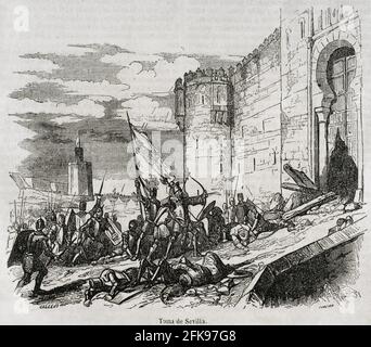 Moyen âge. xiiie siècle. Reconquête. Conquête de Séville par les troupes chrétiennes de Ferdinand III de Castille (1199-1252). Illustration par Vallejo. Gravure par Cibera. Historia général de España par le Père Mariana. Madrid, 1852 Banque D'Images