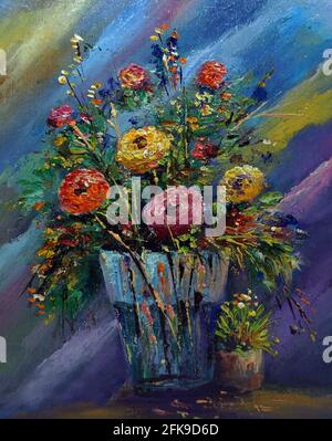 Huile couleur peinture classe d'art , fleurs en gilet Banque D'Images