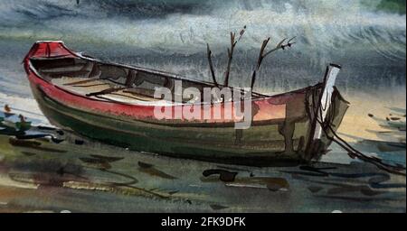 Peinture aquarelle classe d'art, mer, vague, bateau Banque D'Images