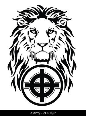 La tête du Lion et le symbole du christianisme - la croix catholique, dessinant pour tatouage, sur fond blanc, illustration, noir et blanc, vecteur Illustration de Vecteur