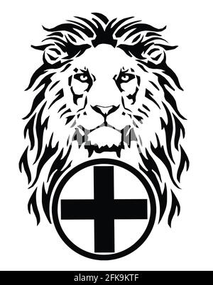 La tête du Lion et le symbole du christianisme - la croix catholique, dessinant pour tatouage, sur fond blanc, illustration, noir et blanc, vecteur Illustration de Vecteur