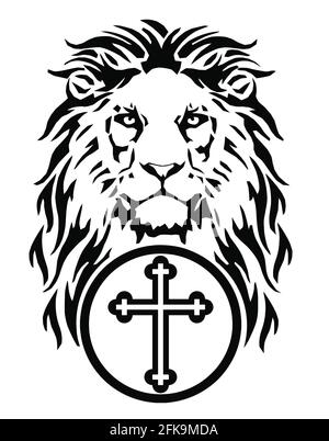 La tête du Lion et le symbole du christianisme - la croix catholique, dessinant pour tatouage, sur fond blanc, illustration, noir et blanc, vecteur Illustration de Vecteur