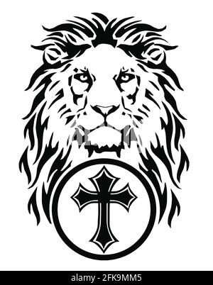 La tête du Lion et le symbole du christianisme - la croix catholique, dessinant pour tatouage, sur fond blanc, illustration, noir et blanc, vecteur Illustration de Vecteur