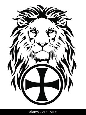 La tête du Lion et le symbole du christianisme - la croix catholique, dessinant pour tatouage, sur fond blanc, illustration, noir et blanc, vecteur Illustration de Vecteur