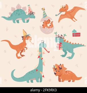 Fête d'anniversaire des dinosaures. Stegosaurus, Triceratops, Brontosaurus, Velociraptor. Les dinosaures sont souriants, célébrant et amusant. Ensemble de Noël à motif vectoriel Illustration de Vecteur